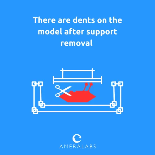There are dents on the model after support removal. When removing supports, they break off with a bit of the model, leaving dents on its surface.