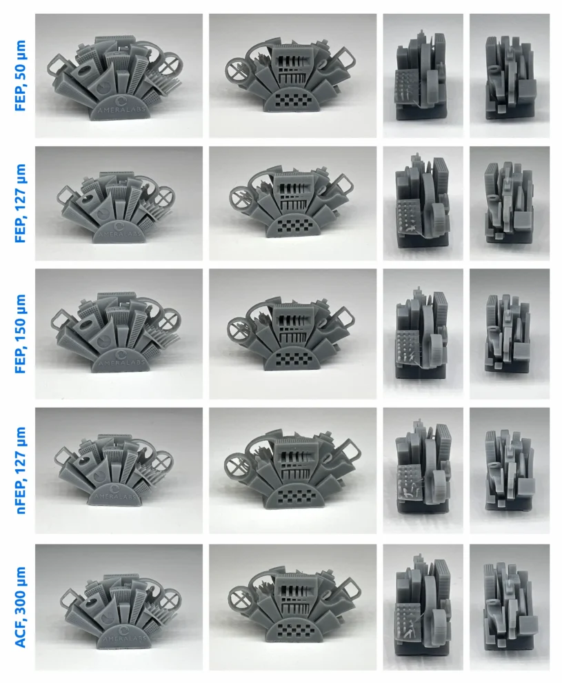 FEP vs. nFEP vs. ACF. Printed AmeraLabs towns using various 3D printing films.