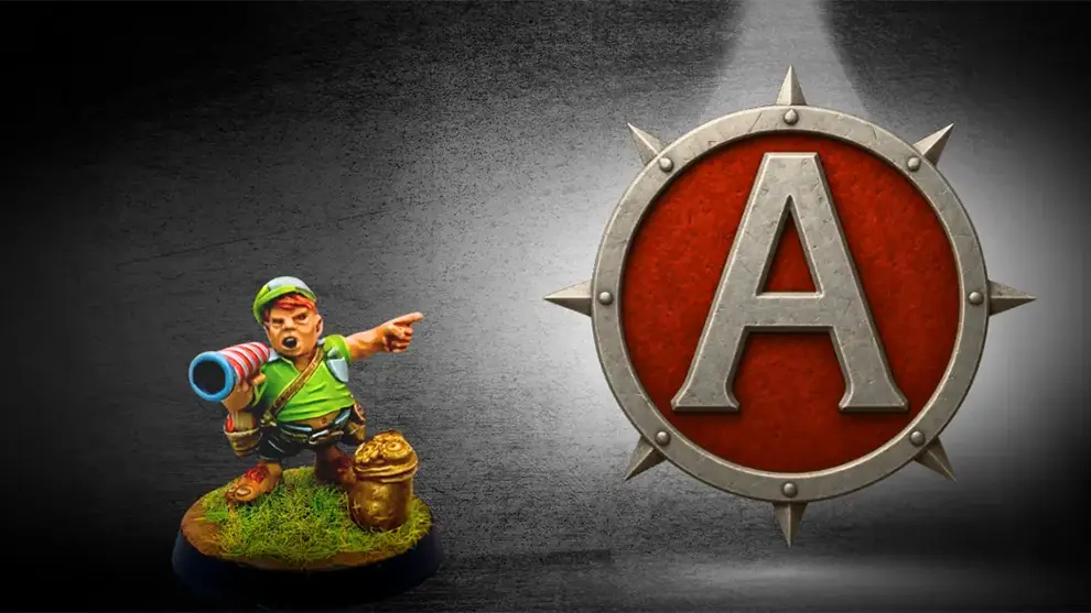 Painted Agema Minis 3D printed miniature beside the Agema Minis emblem