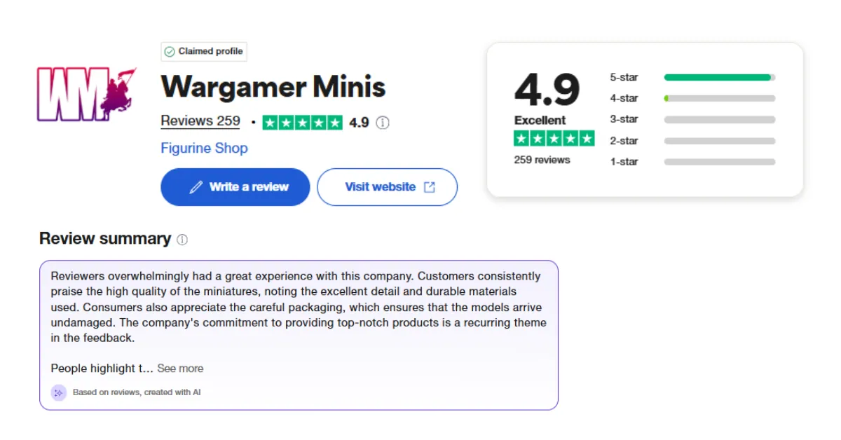 A screenshot of Wargamer Minis profile on Trustpilot